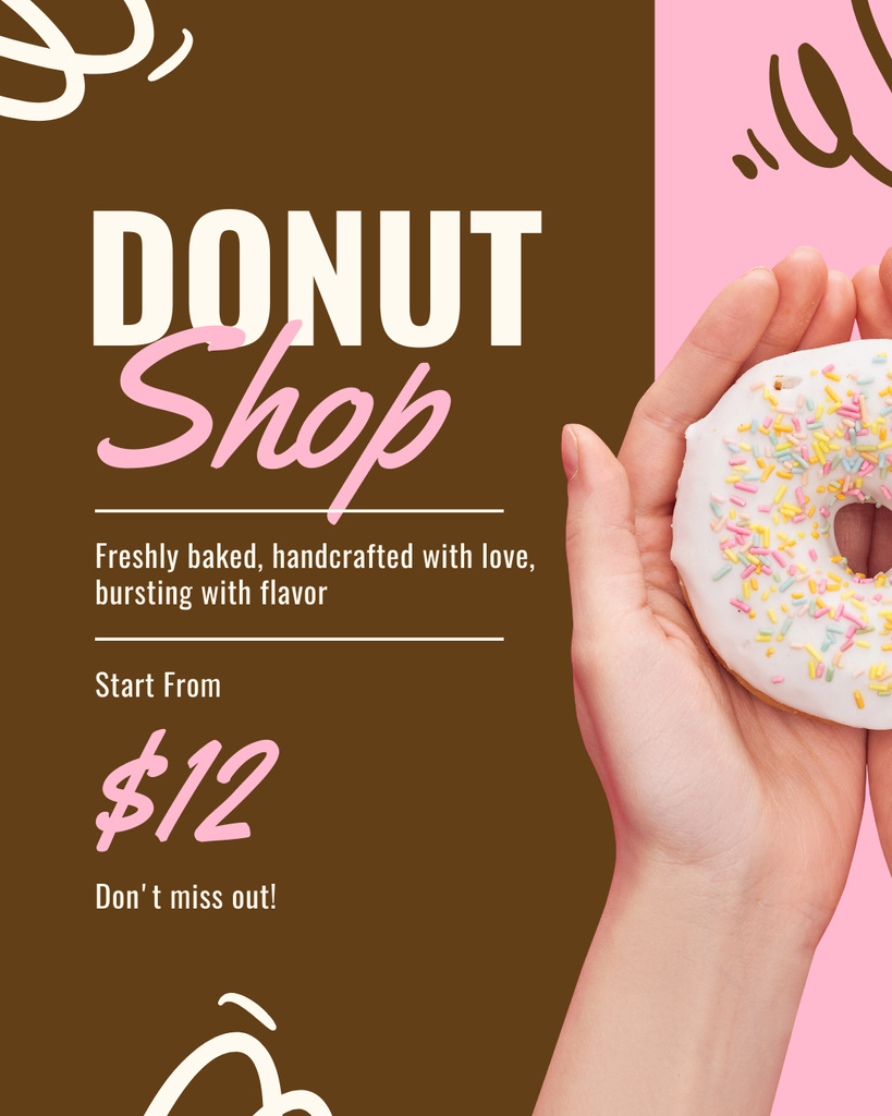 Designvorlage Promo of Doughnut Shop with Donut in Hand für Instagram Post Vertical