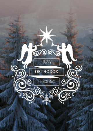 Ortodoksinen joulutervehdys enkelien kanssa lumien puiden yllä Postcard 5x7in Vertical Design Template