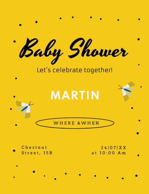 Baby Shower Celebration Alert on Yellow Invitation 13.9x10.7cm Πρότυπο σχεδίασης