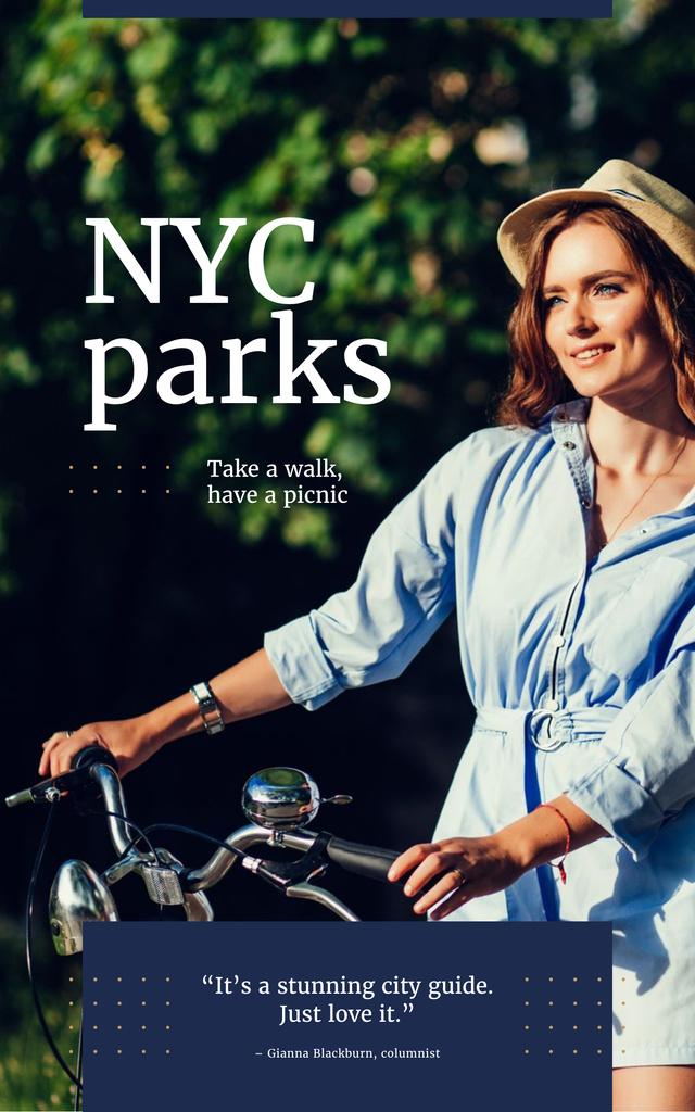 New York City Parks Guide with Attractive Woman on Bicycle Book Cover Design Template