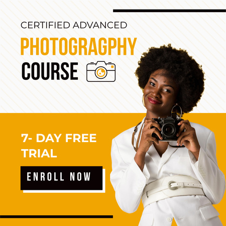 Photography Courses Ad with Woman Taking Photo Instagram Modelo de Design