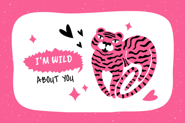 Love Phrase With Cartoon Pink Tiger Postcard 4x6in Design Template