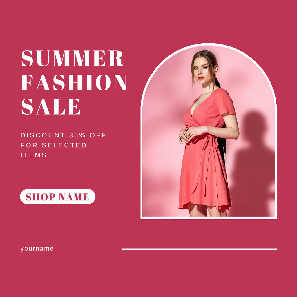 Summer Fashion Sale Announcement with Woman in Pink Dress Instagram tervezősablon