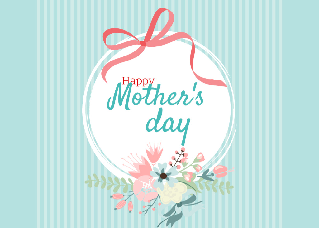 Happy Mother's Day Greeting With Ribbon in Blue Postcard 5x7in Modelo de Design