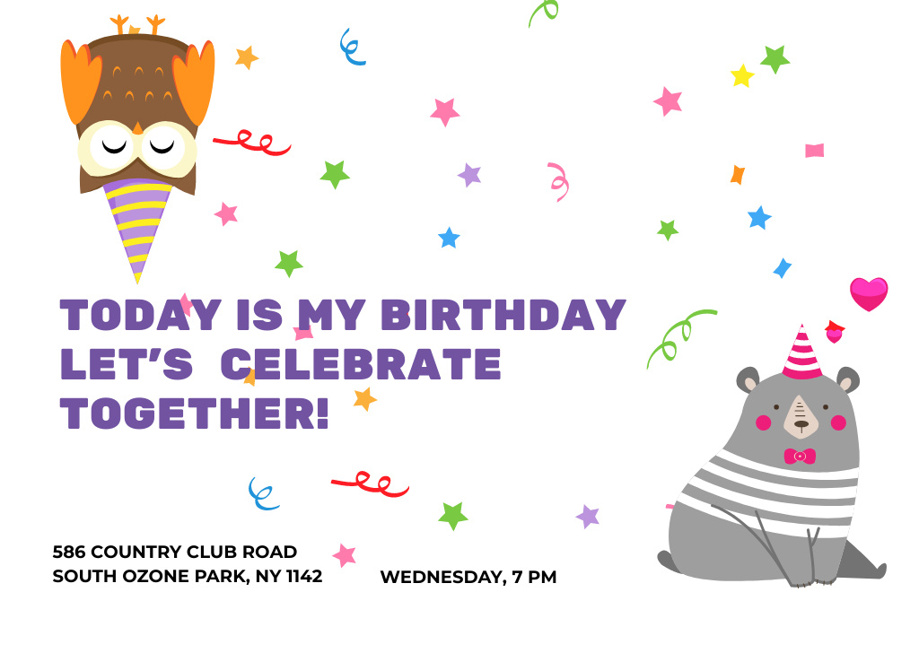 Birthday Invitation with Cute Party Animals Flyer A6 Horizontal Design Template