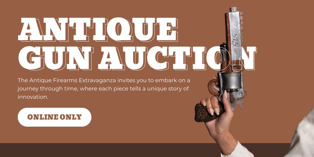 Antique Gun Auction Announcement In Brown Twitter Modelo de Design