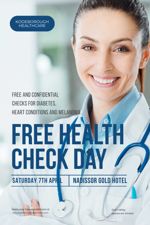 Free health check day with Smiling Doctor Pinterest Design Template