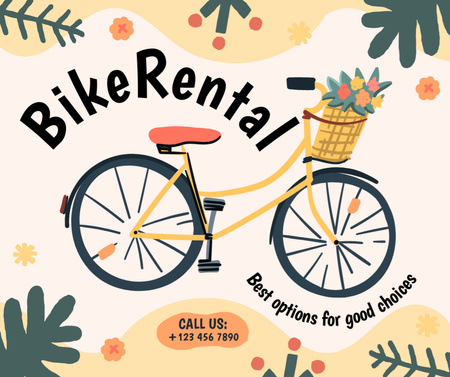 Plantilla de diseño de Oferta de alquiler de bicicletas en anuncio floral amarillo Facebook 