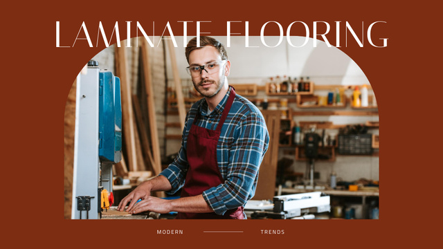 Platilla de diseño Ad of Laminate Flooring with Young Repairman Presentation Wide