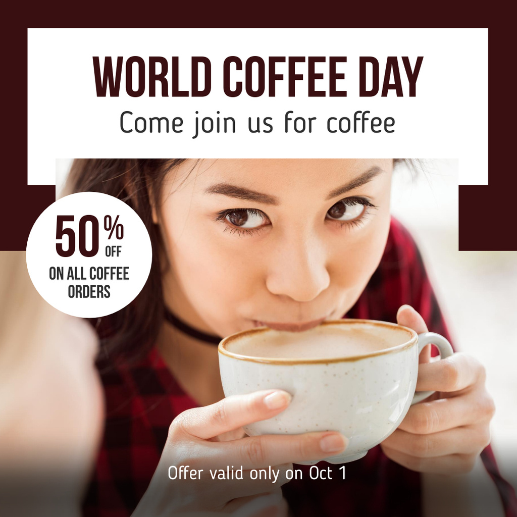Coffee Shop Promotion with Woman Drinking Cappuccino Instagram Πρότυπο σχεδίασης