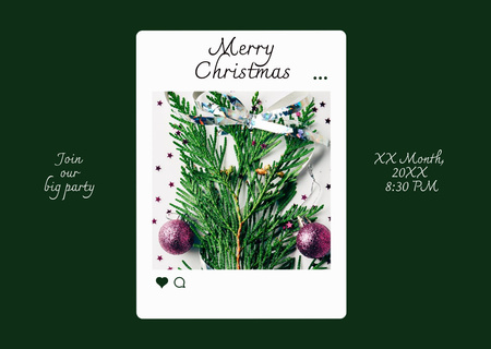 Template di design Festa di Natale con ramoscelli e palline Card