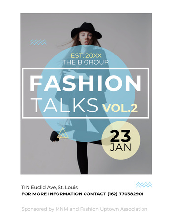 Template di design Fashion Talks Announcement with Stylish Woman in Hat Flyer 8.5x11in