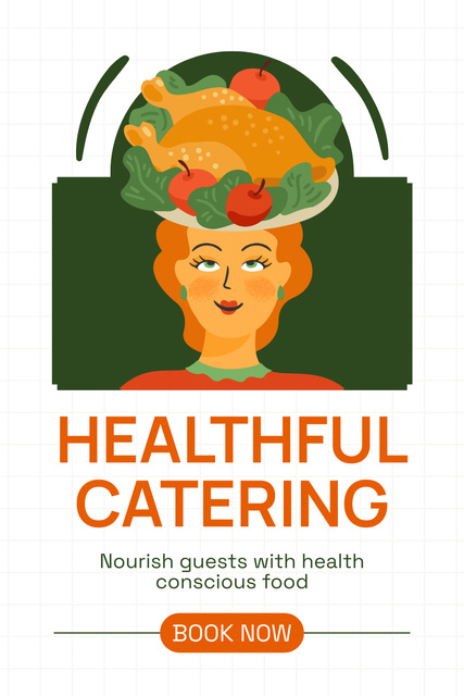 Healthy Food Catering with Funny Woman and Turkey Pinterest Design Template