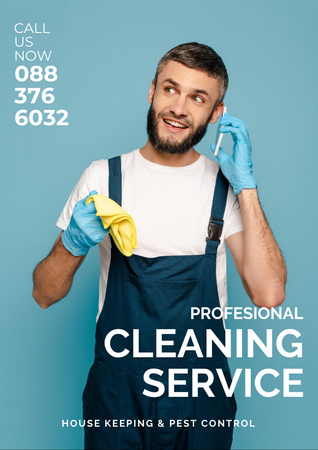 Cleaning Service Offer with a Man in Uniform Flyer A4 Design Template