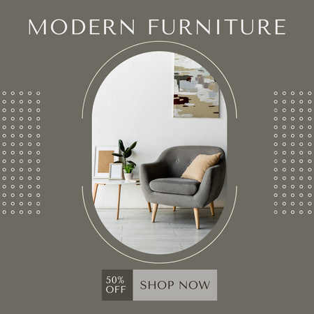 Designvorlage Minimalistisches Möbelverkaufsangebot mit stilvollem Sessel und Tisch für Instagram