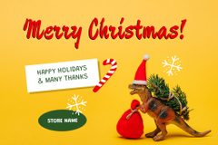Christmas Salutations with Funny Dinosaur Holding Sack Of Gifts