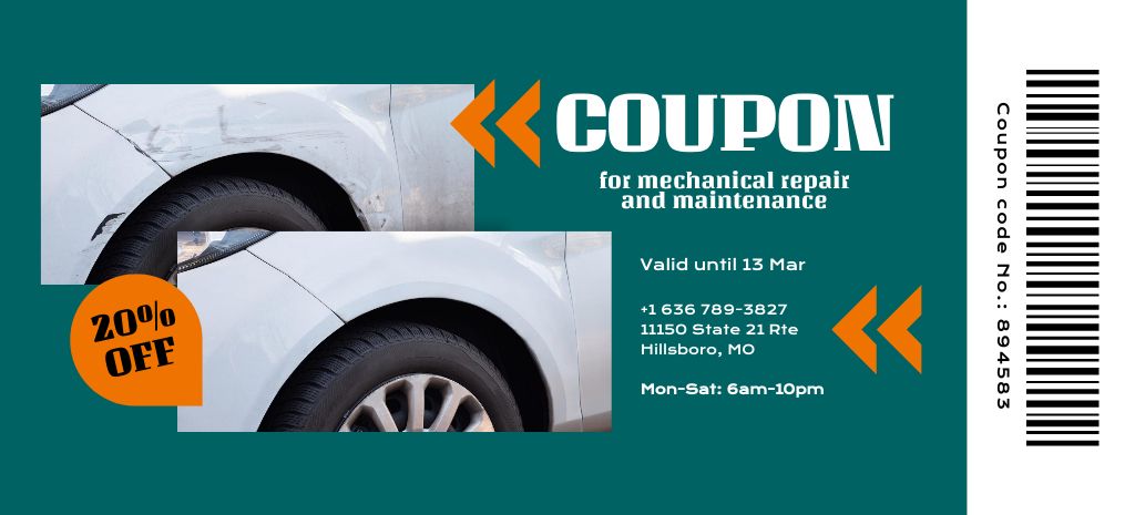 Offer of Mechanical Repair and Maintenance in Green Coupon 3.75x8.25in – шаблон для дизайна