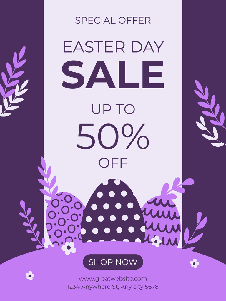 Easter Sale Announcement with Easter Eggs on Purple Poster US Tasarım Şablonu