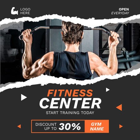 Fitness Center Ad with Bodybuilder Doing Pull Ups Instagram Design Template