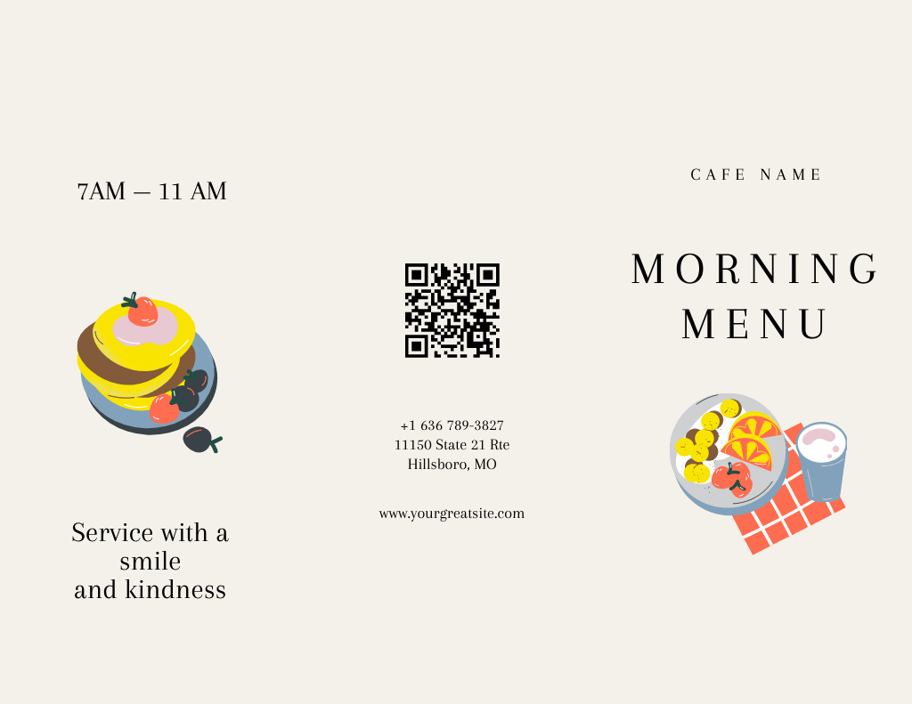 Breakfast Menu Announcement with Appetizing Dishes Menu 11x8.5in Tri-Fold – шаблон для дизайна