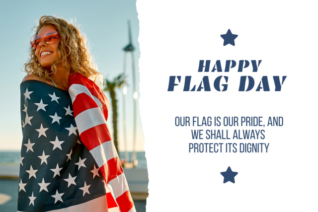 Plantilla de diseño de Flag Day Celebration Announcement With Smiling Woman Postcard 4x6in 