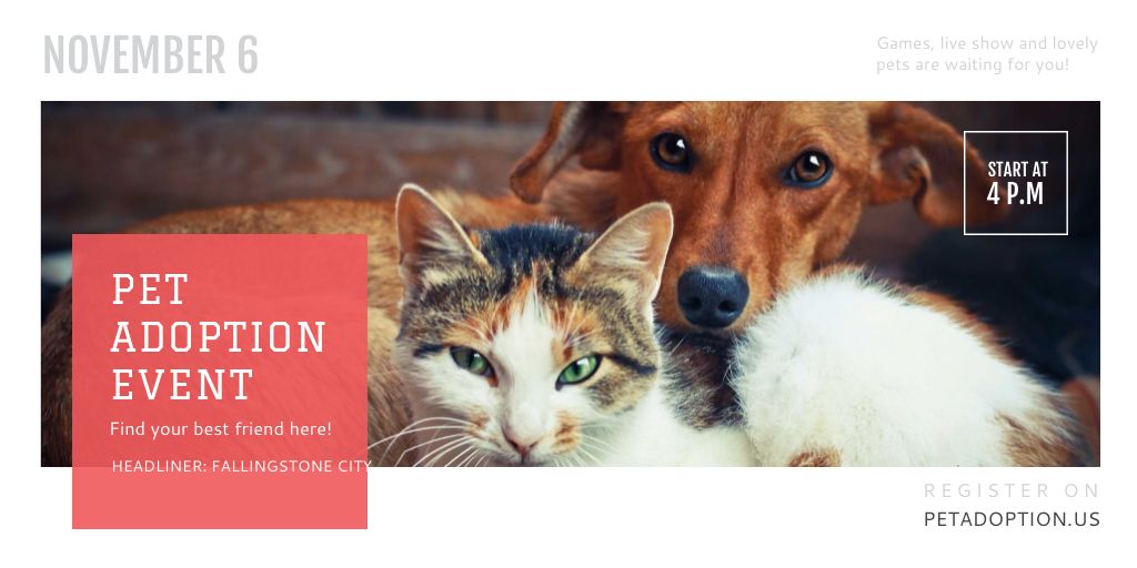 Pet Adoption Event with Dog and Cat Hugging Twitter Modelo de Design