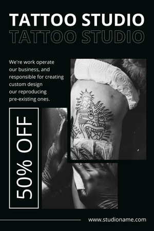 Ontwerpsjabloon van Pinterest van Artistieke tattoo-studio met kortingsaanbieding in het zwart