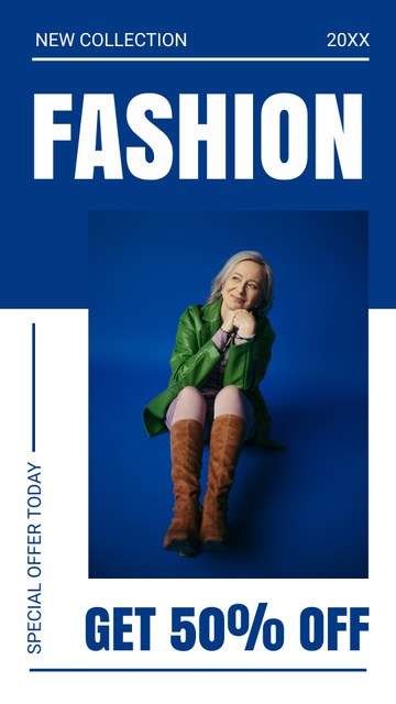 Designvorlage Elderly Fashion Looks With Discount In Blue für Instagram Story