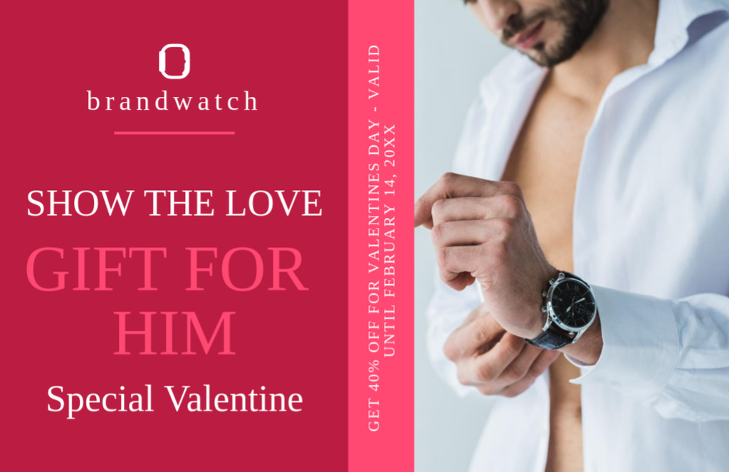 Offer Discounts on Men's Watches for Valentine's Day Holiday Thank You Card 5.5x8.5in Design Template