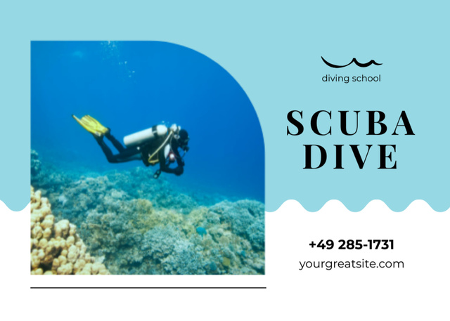 Platilla de diseño Scuba Dive School Ad on Blue with Man Underwater near Reef Postcard 5x7in