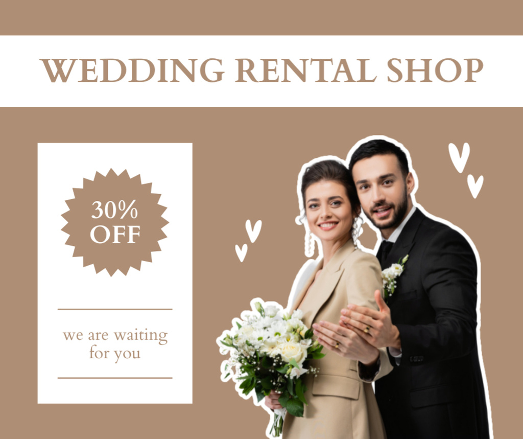 Wedding Shop Ad with Happy Newlyweds Showing Rings Facebook tervezősablon