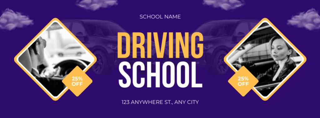 Designvorlage Competent Driving School Classes Offer With Discount In Purple für Facebook cover