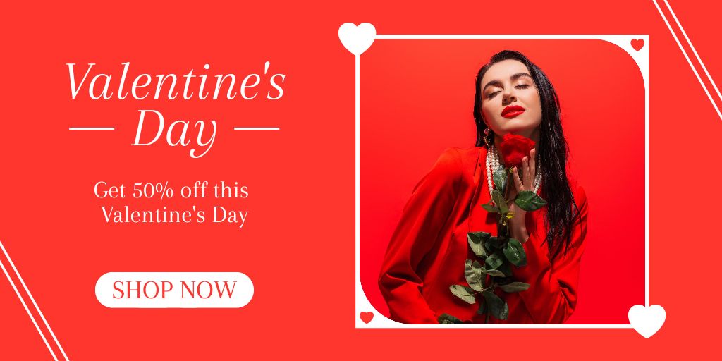 Valentine's Day Sale with Attractive Woman holding Red Rose Twitter Design Template