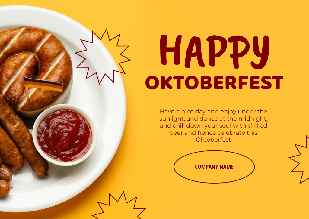 Oktoberfest Celebration Announcement with Sausages on Plate Card Modelo de Design