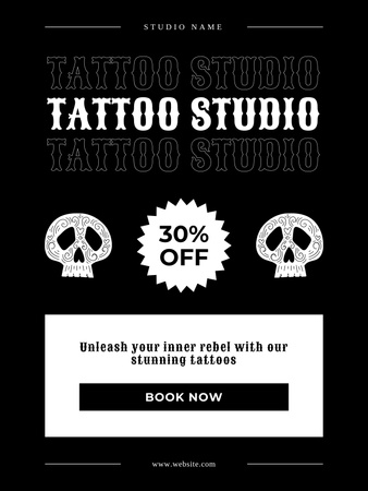 Designvorlage Professionelles Tattoo-Studio mit Buchung und Rabatt in Schwarz für Poster US