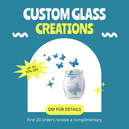 Modèle de visuel Annonce de créations en verre personnalisées avec un joli pot et des papillons - Instagram