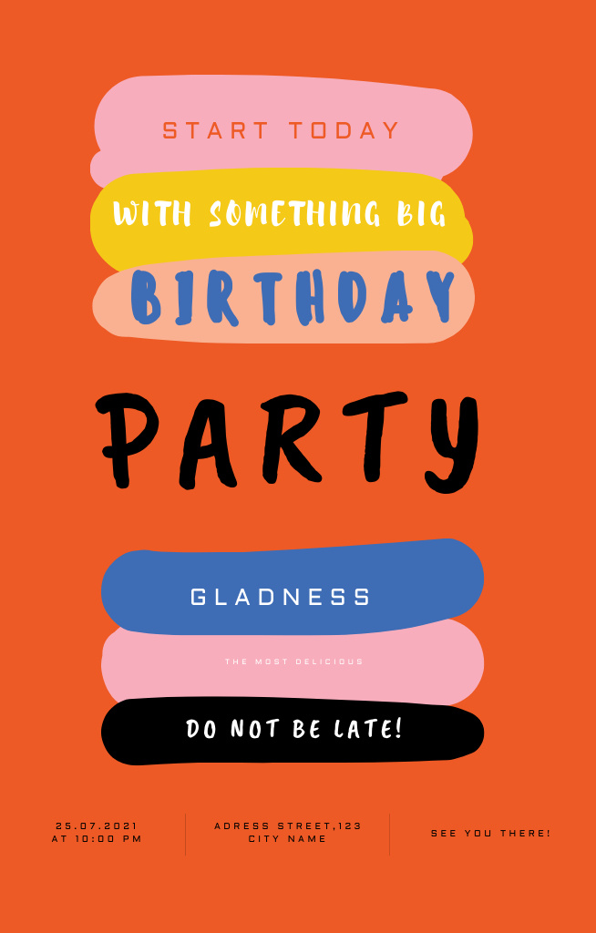 Birthday Party Bright Announcement In Orange Invitation 4.6x7.2inデザインテンプレート
