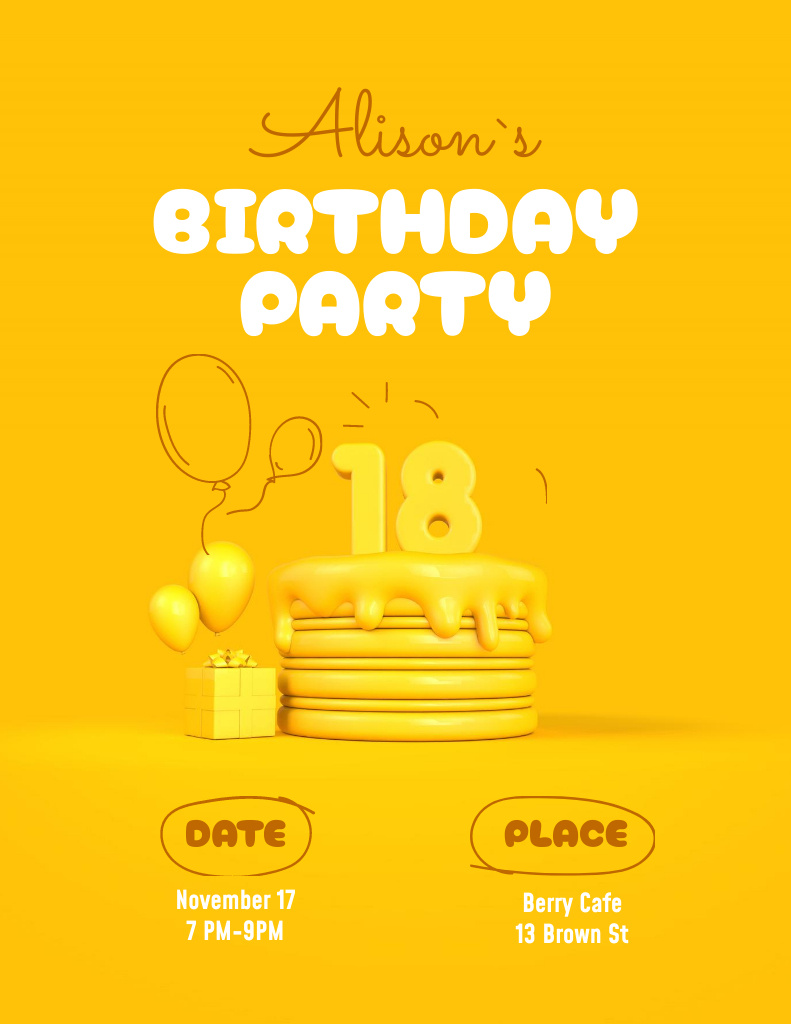 18s Birthday Party Invitation on Bright Yellow Flyer 8.5x11in – шаблон для дизайна