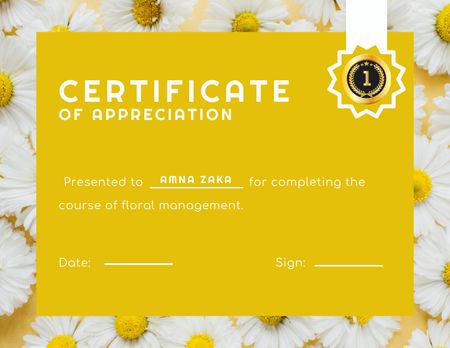 Certificate of Appreciation with Flowers in Yellow Certificate Design Template