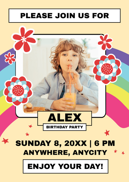 Boy Fun Birthday Party With Drink Poster Design Template
