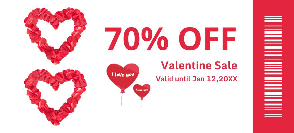 Valentine's Day Discount Voucher with Red Hearts Coupon 3.75x8.25in Tasarım Şablonu