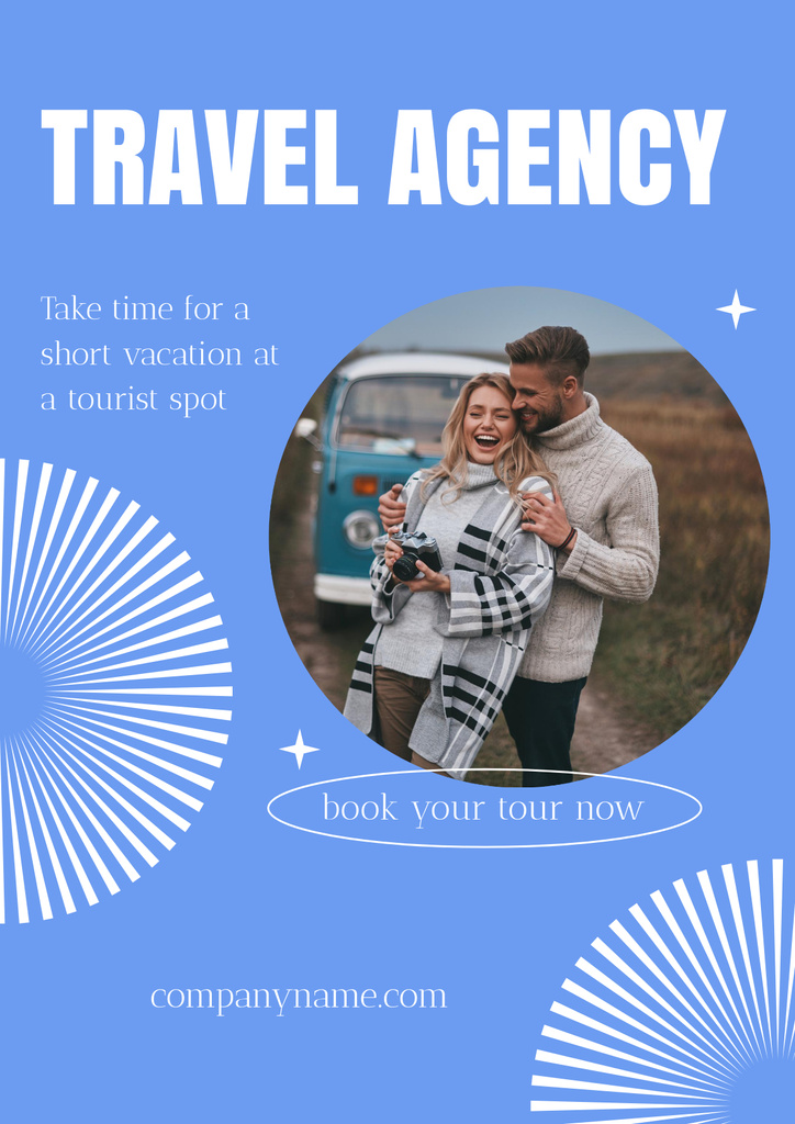 Travel Agency Advertisement with Young Couple in Boat Poster Tasarım Şablonu