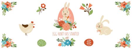 Cartoon Easter bunny with chicken and flowers Facebook Video cover Šablona návrhu
