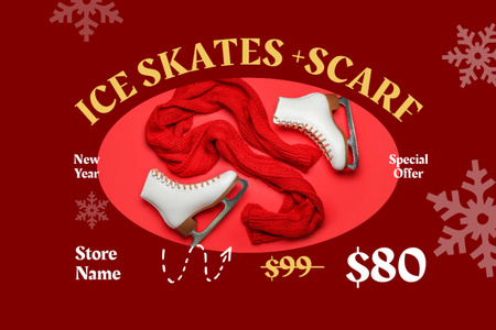 New Year Offer of Ice Skates and Scarf Label Design Template
