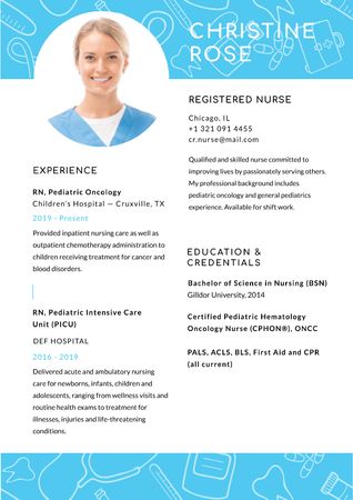 Szablon projektu Zarejestrowane umiejętności i doświadczenie pielęgniarki w kolorze niebieskim Resume