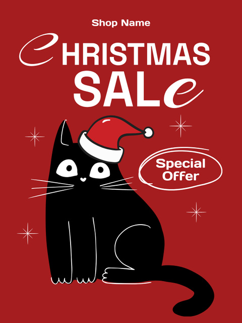 Christmas Sale Offer with Charming Cat Poster US Πρότυπο σχεδίασης