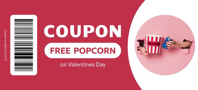 Designvorlage Free Cinema Popcorn Offer for Valentine's Day in Pink für Coupon 3.75x8.25in