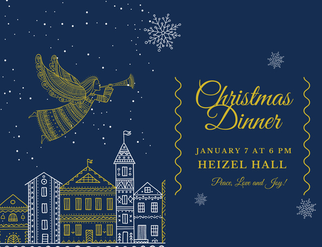 Christmas Dinner Announcement with Angel Flying Over City Invitation 13.9x10.7cm Horizontal Design Template