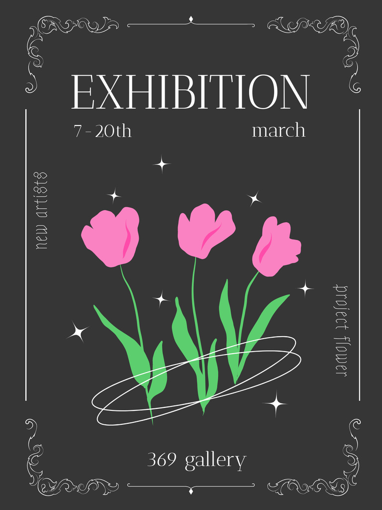 Plantilla de diseño de Exhibition Announcement with Pink Tulips on Black Poster US 