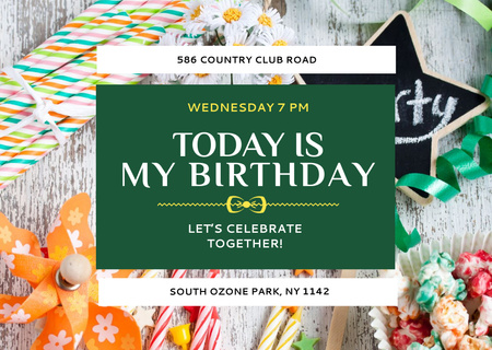 Birthday Party Invitation with Bows and Ribbons on Green Flyer A6 Horizontal Design Template